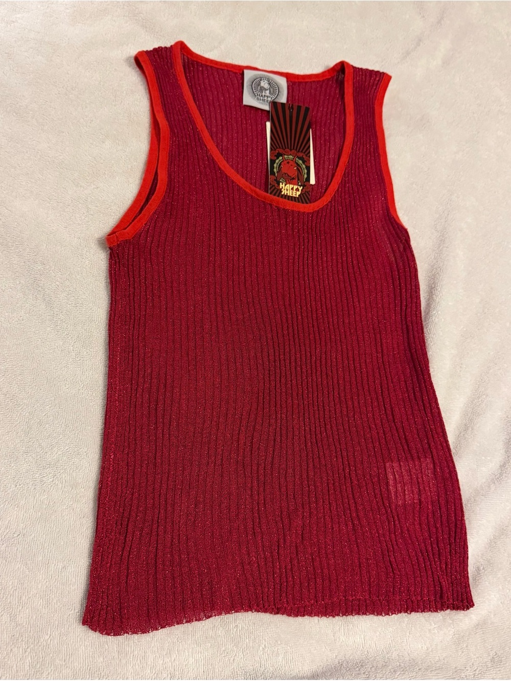 Happy Sheep Red Ribbed Tank Top with Orange Trim
